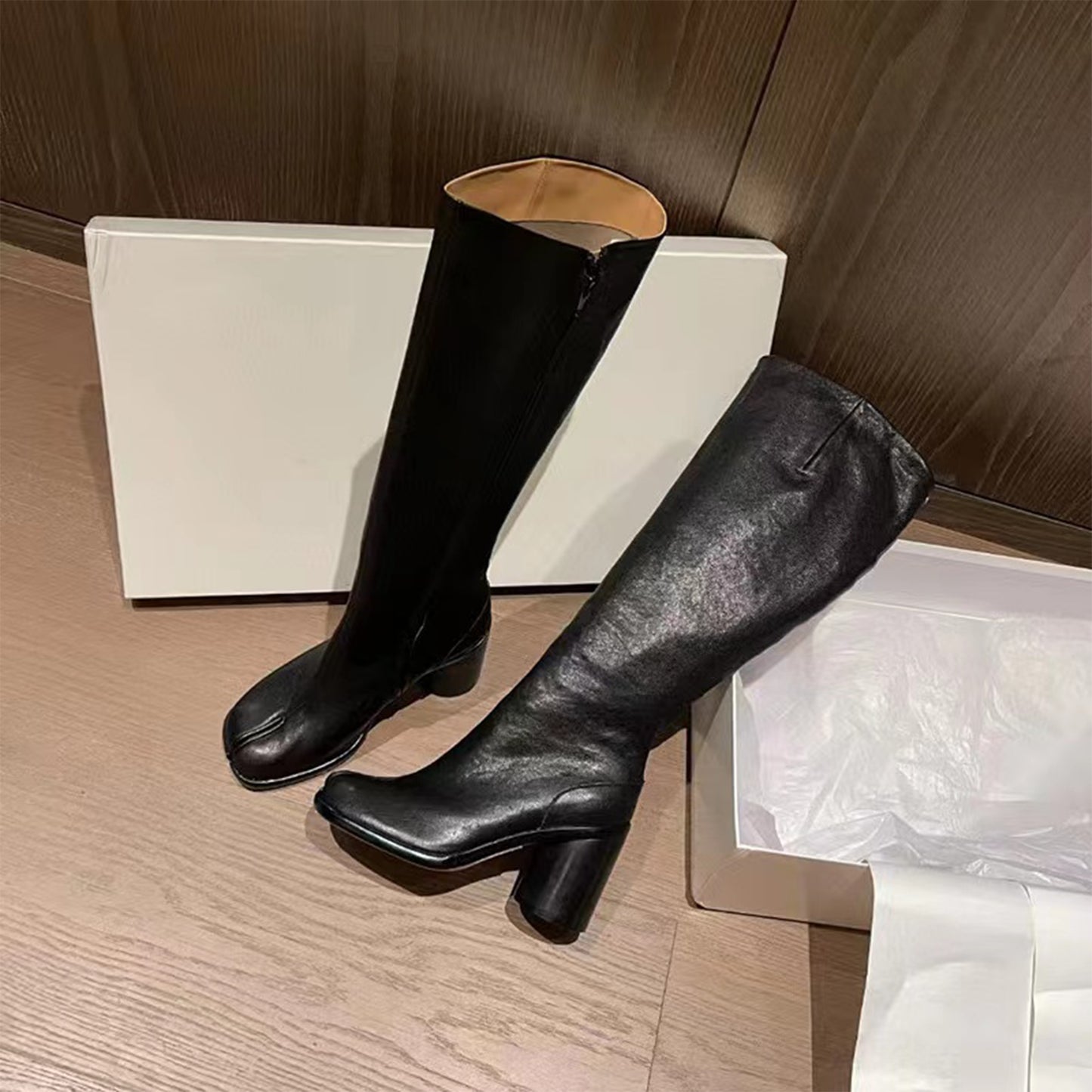 8 CM Split-Toe Boots, Leather Knee Boots ,Cowhide Leather Boots, Patent Leather Boots, Women’s Heel Split-Toe Boots.