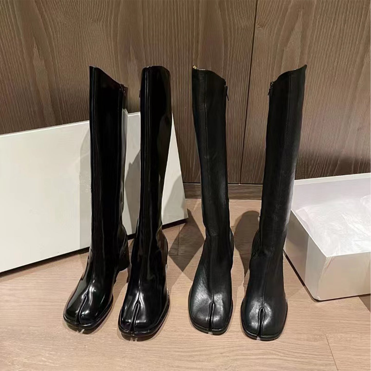 8 CM Split-Toe Boots, Leather Knee Boots ,Cowhide Leather Boots, Patent Leather Boots, Women’s Heel Split-Toe Boots.